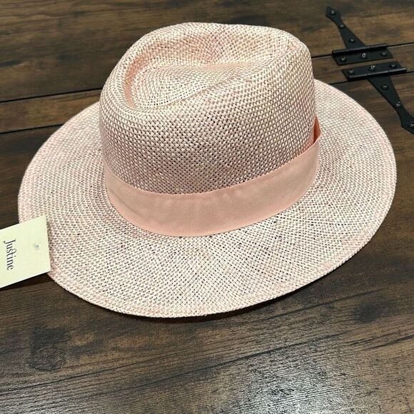 NWT Justine Women\'s Remi Straw Grossgrain Band Summer Fedora Hat Pink‎ S/M